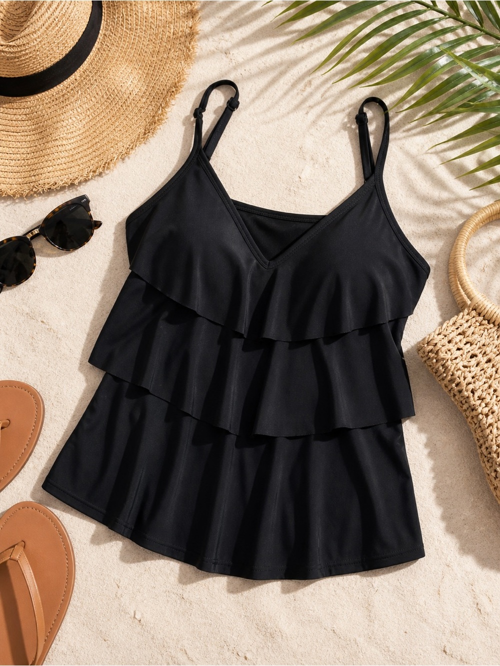 Aqua Green Black Tiered Ruffle Tankini Top XL Flowy Swimwear